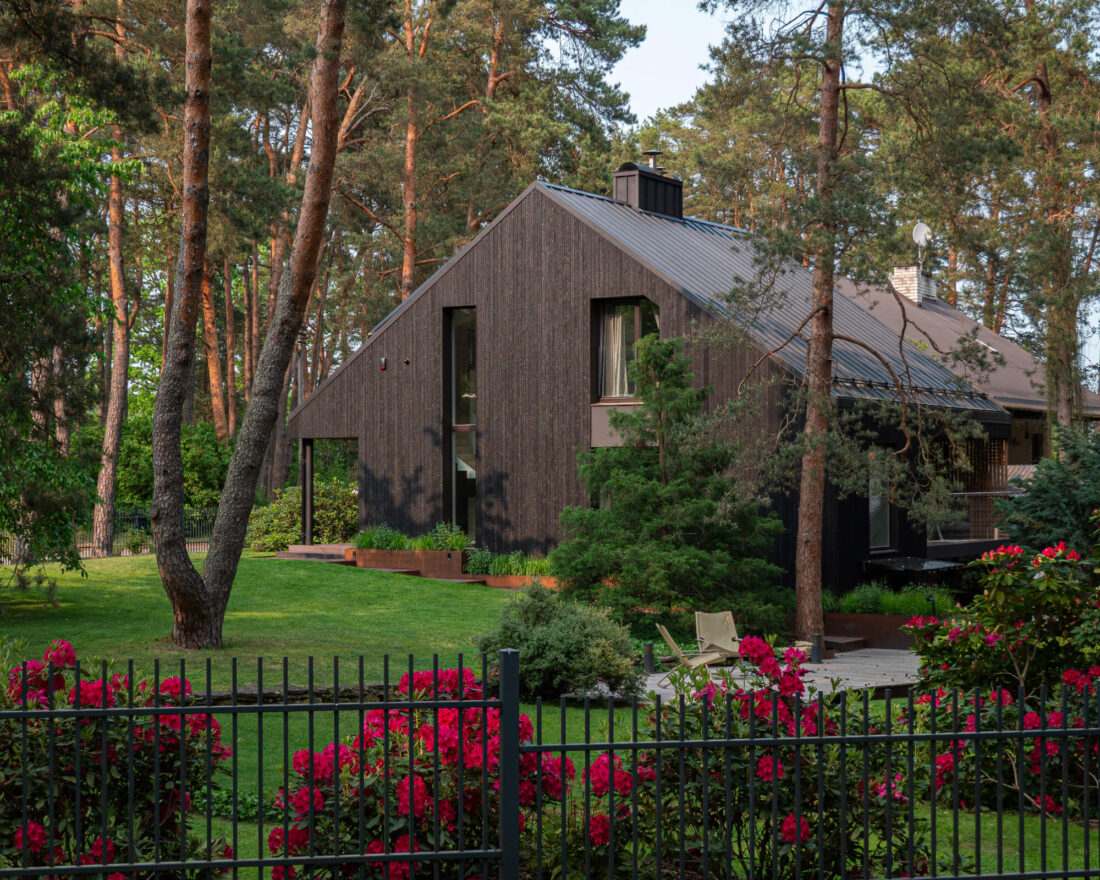 Exterior view of the modern Kačerginė Forest Edge Residence in Lithuania featuring vertical Degmeda Deep Char larch charred wood cladding and a black pitched metal roof in a pine forest garden.