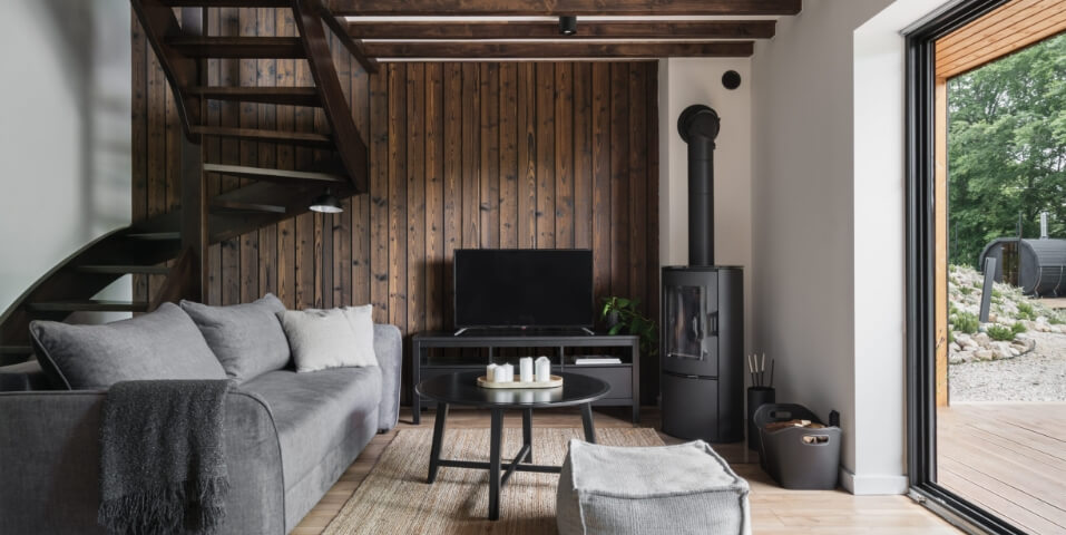 House room interior featuring degmedas shou sugi ban brown wood boards