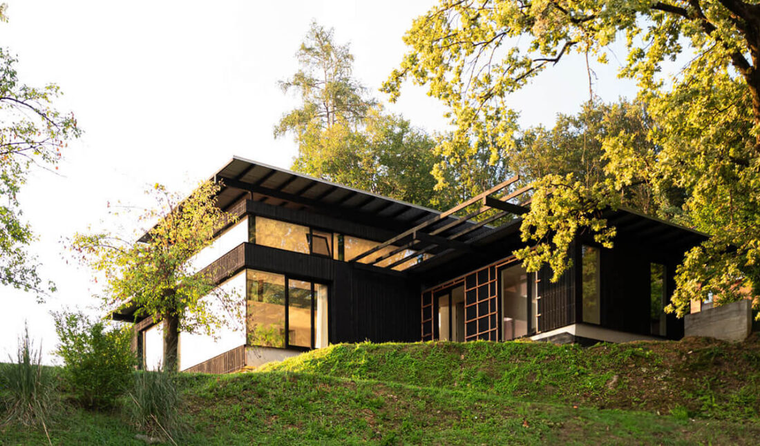 Modern hillside home in Slovenia clad in vertical and horizontal Degmeda Dark Black larch boards featuring wide roof overhangs and large glass windows.