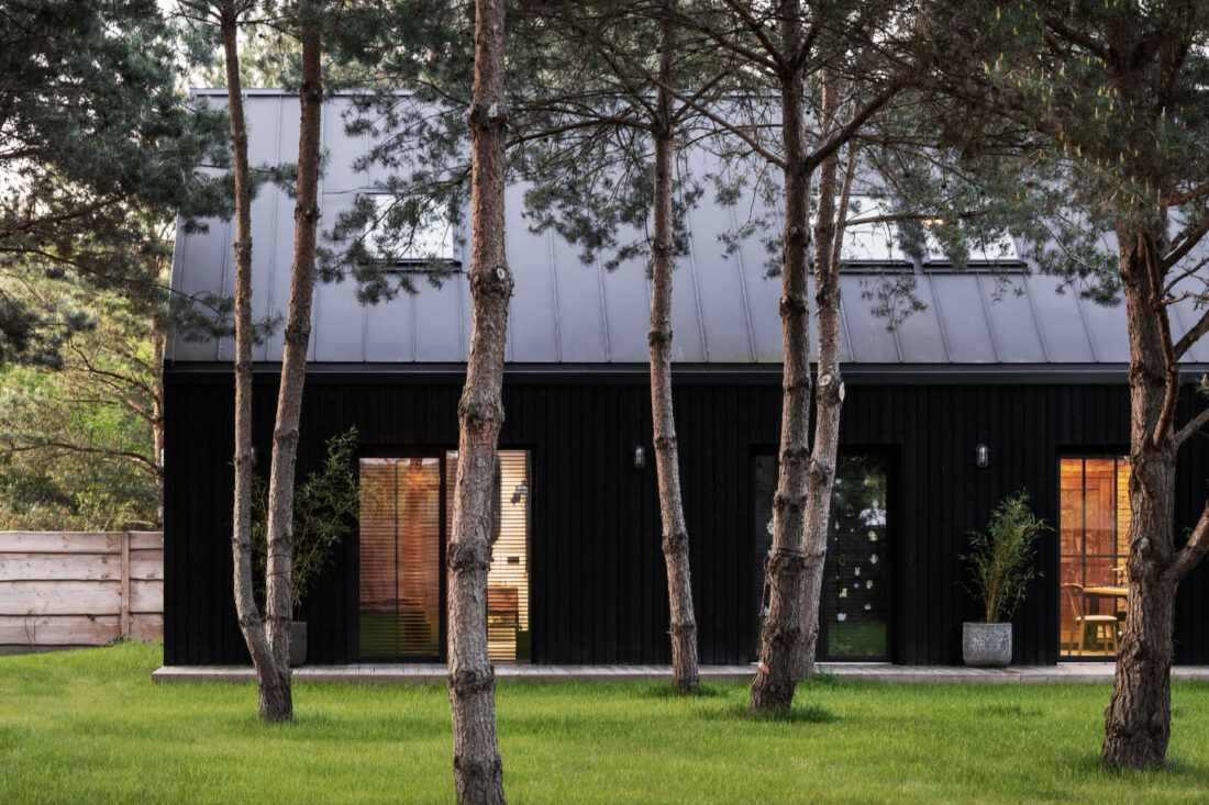 Exterior view of a modern forest residence in Poland featuring vertical Degmeda "Dark Black" larch charred wood cladding and a steep metal roof seen through a grove of pine trees at dusk.
