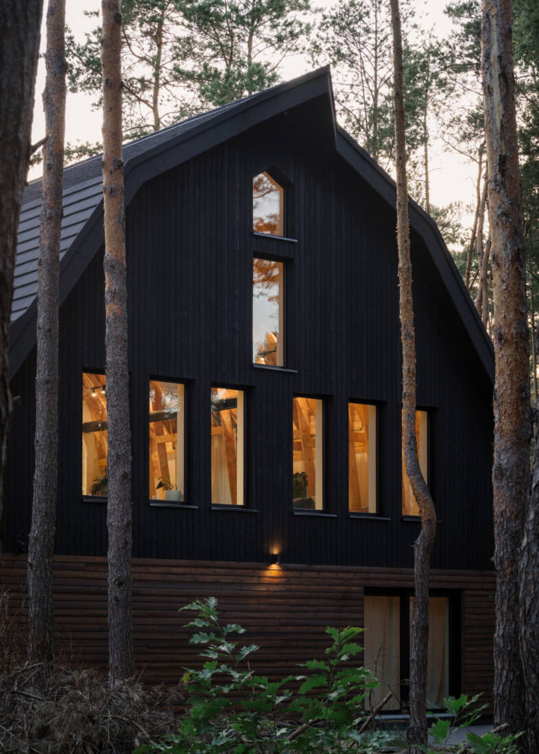 Evening view of Wawer Barn in Poland featuring vertical Degmeda "Dark Black" larch boards on the upper level and horizontal "Amber" larch boards at the base, with lit windows showing the internal timber structure.