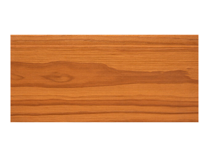 Thermo-Pinus-Radiata-brushed-v2-scaled Close-up of a smooth, orange-brown wooden plank with visible grain patterns and a varnished finish.