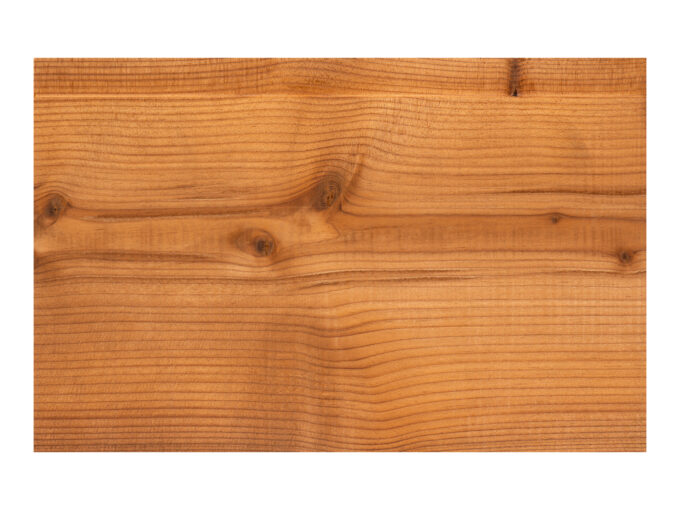 Thermo-spruce-Classic-single-3 Close-up of a wooden plank showing natural grain patterns and knots in a warm brown finish.